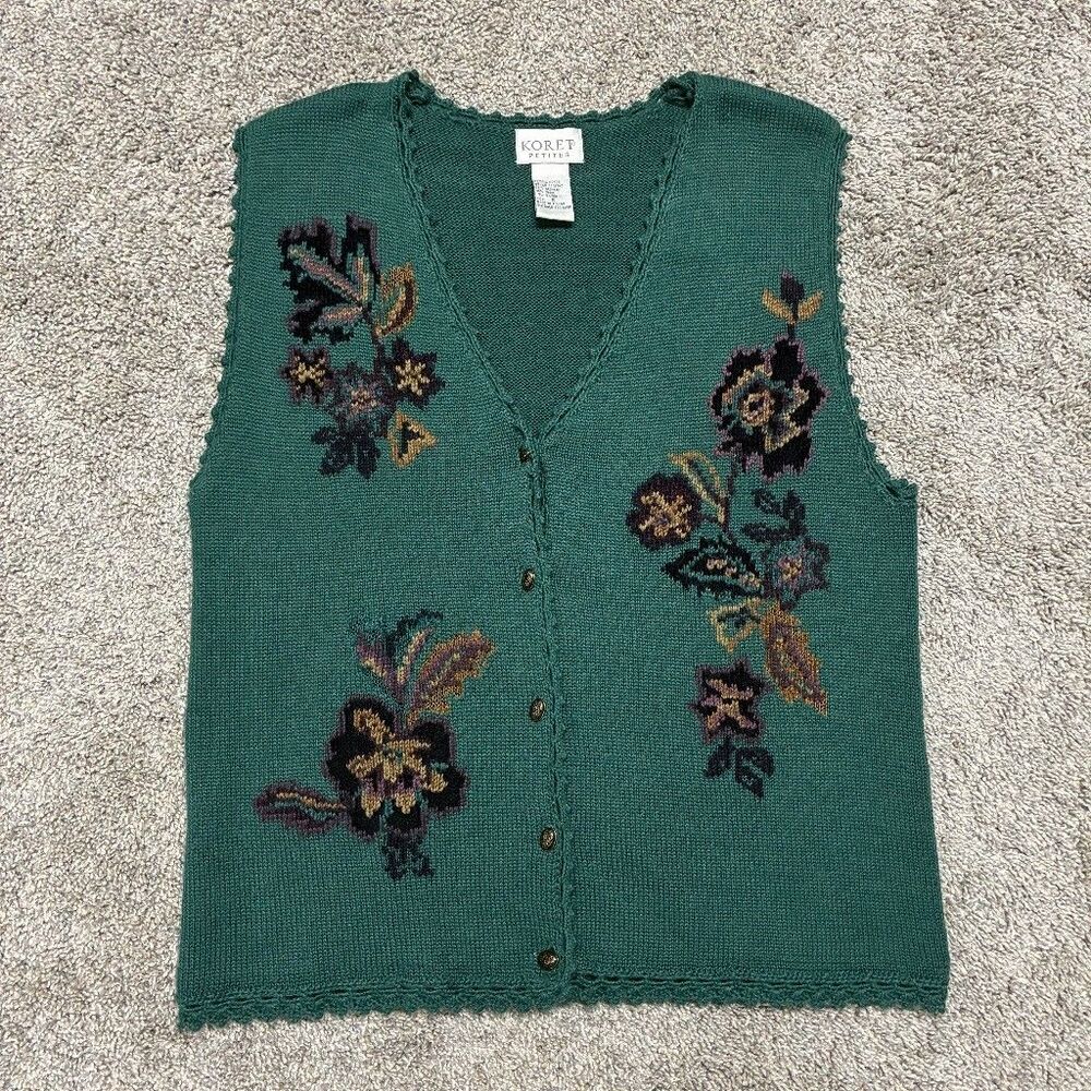 VTG Koret Petites Women’s S Green Floral Knit Sweater Vest Button Up Grannycore